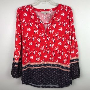 Ann Taylor LOFT | Red Floral V Neck Blouse XS